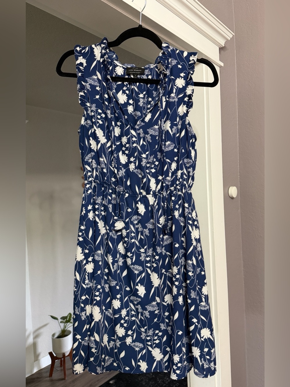 Lucky Brand Navy and White Floral Ruffle Midi Dress